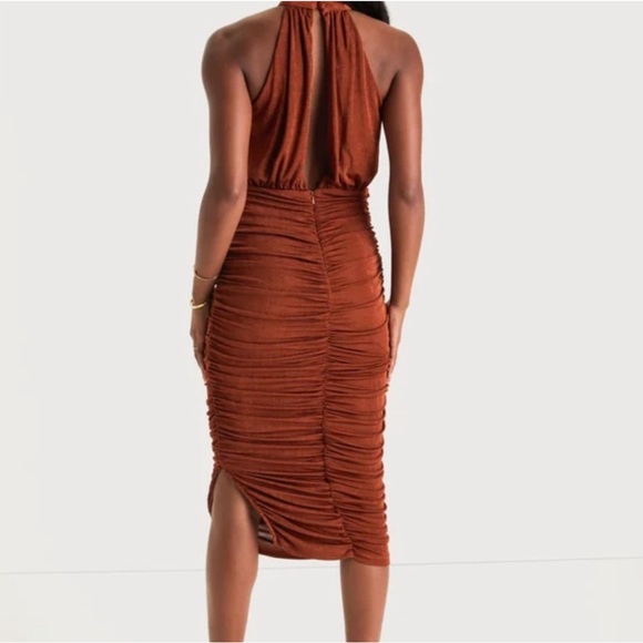 Lulus Irresistible Presence Rust Halter Ruched Bodycon Midi Dress Small - Picture 9 of 9